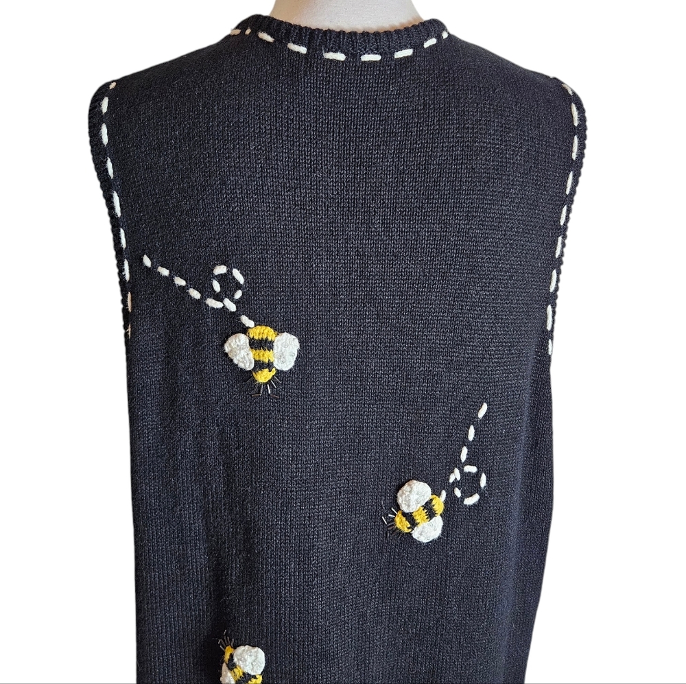 Vintage 90s Bumblebee Daisy Knit Vest Sz XL ? 3D Beaded Boho Grannycore Cottage - Picture 8 of 16